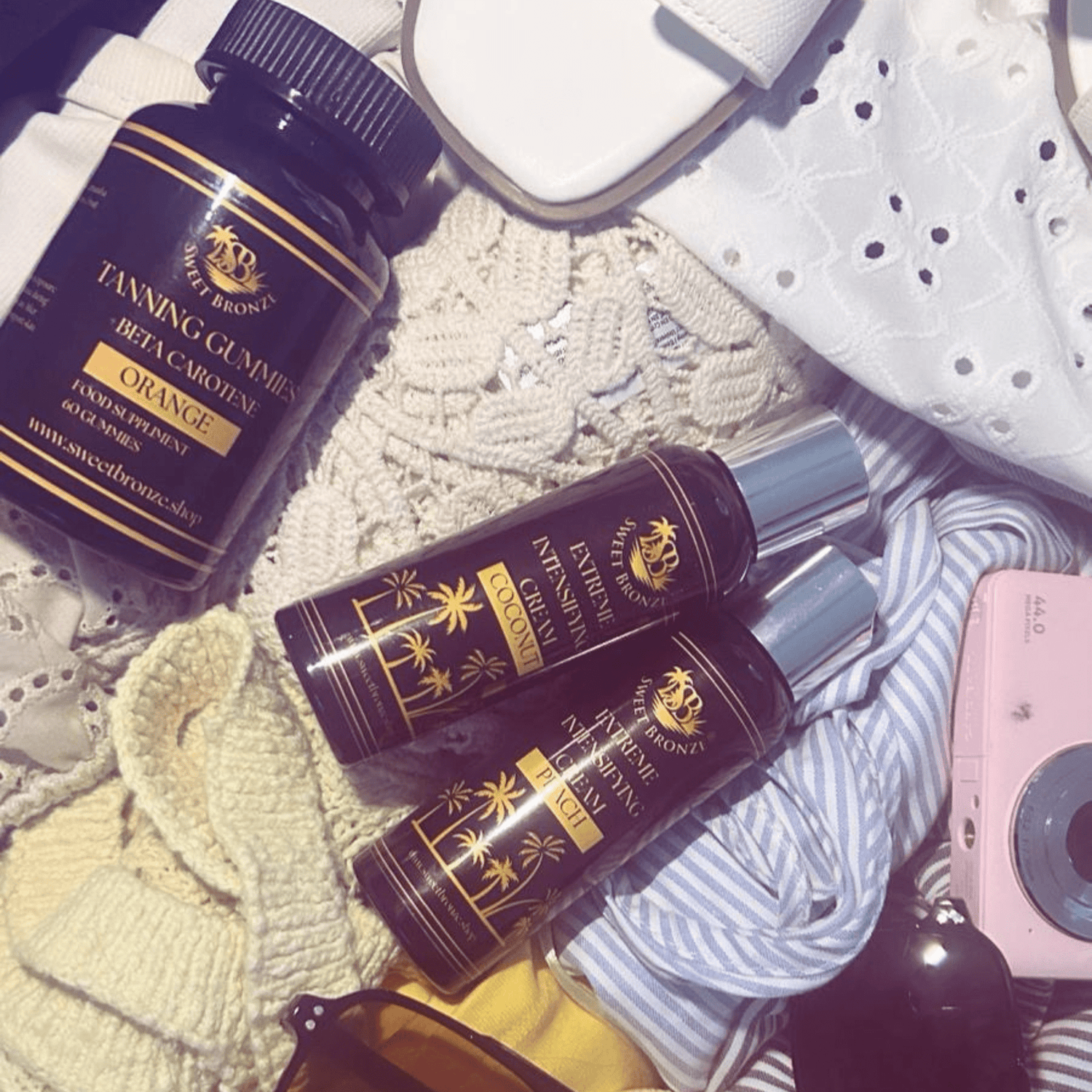 Suitcase with tanning accelerators and enhancers.