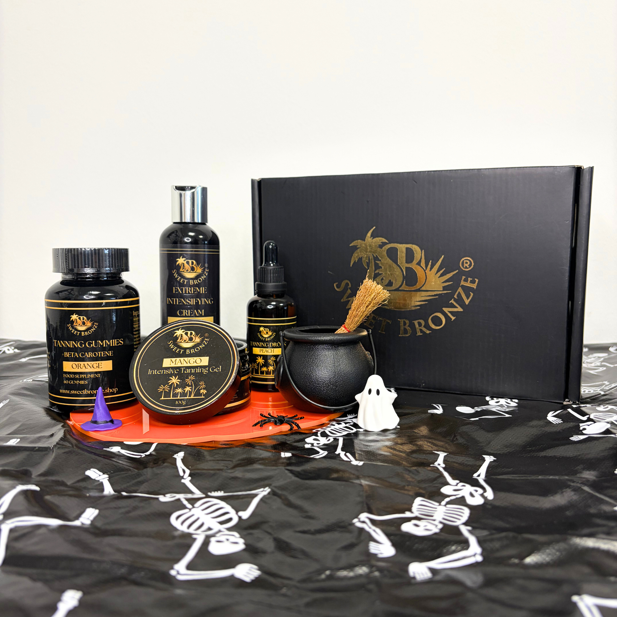 Halloween Tanning Bundle with Tanning Gummies, Tanning Cream, Tanning Gel and Tanning Oil with Halloween props