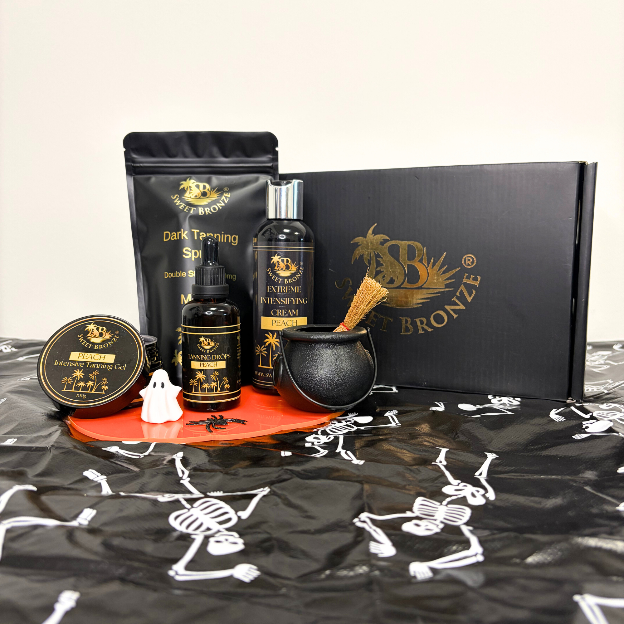 Halloween Tanning bundle with Tanning spray, tanning gel, tanning cream and tanning oil with halloween props