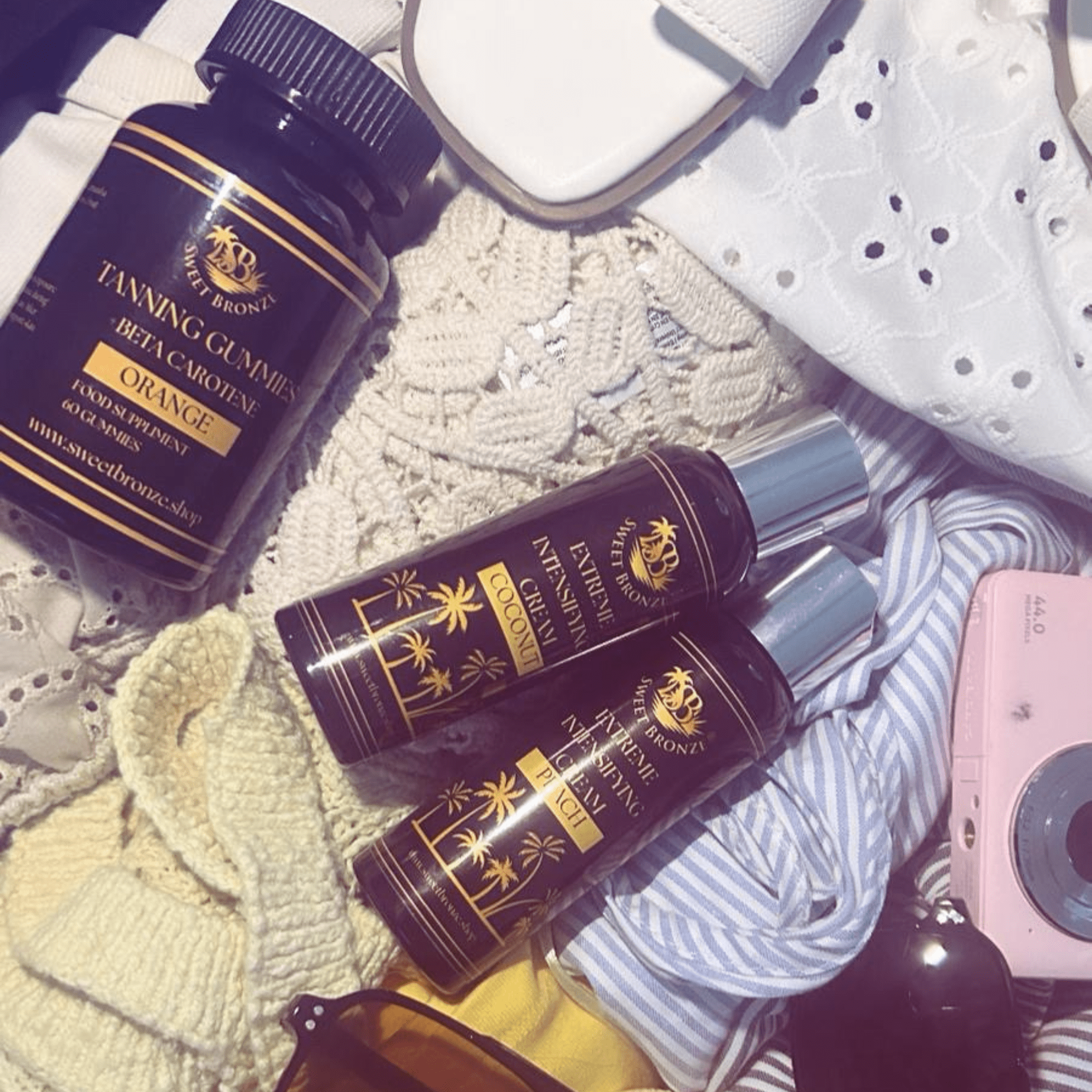 Suitcase with tanning accelerators and enhancers.