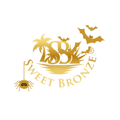 Gold logo with palm trees, bats, and a spider on a white background
